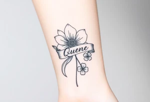 A beautiful flower with a card queen sign and a ribbon tied around the flower with queenie written on it joined by a texas star and a four leaf clover tattoo idea
