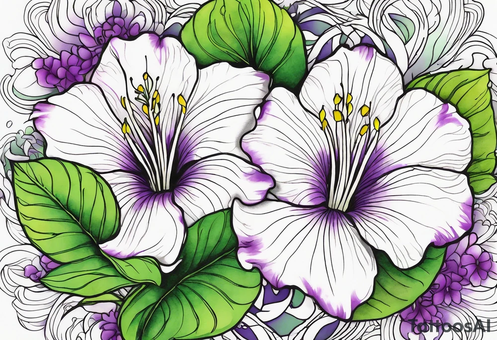 An outline of a rio dipladenia flower with a green and purple watercolor background tattoo idea