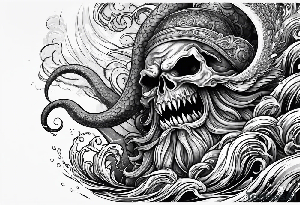 Kraken wrapping Poseidon thrusting trident tattoo idea
