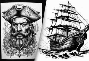 Pirat ship on the sea a sirene and a skull on fore arm tattoo idea