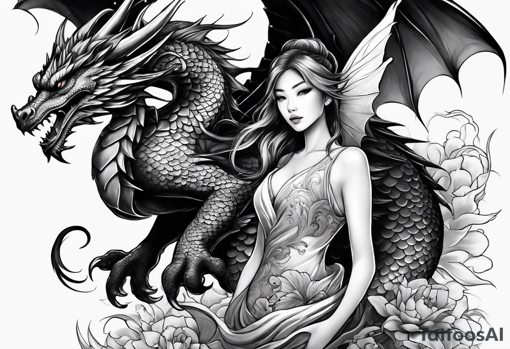 fairy and a dragon in the background tattoo idea