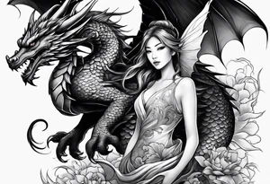 fairy and a dragon in the background tattoo idea