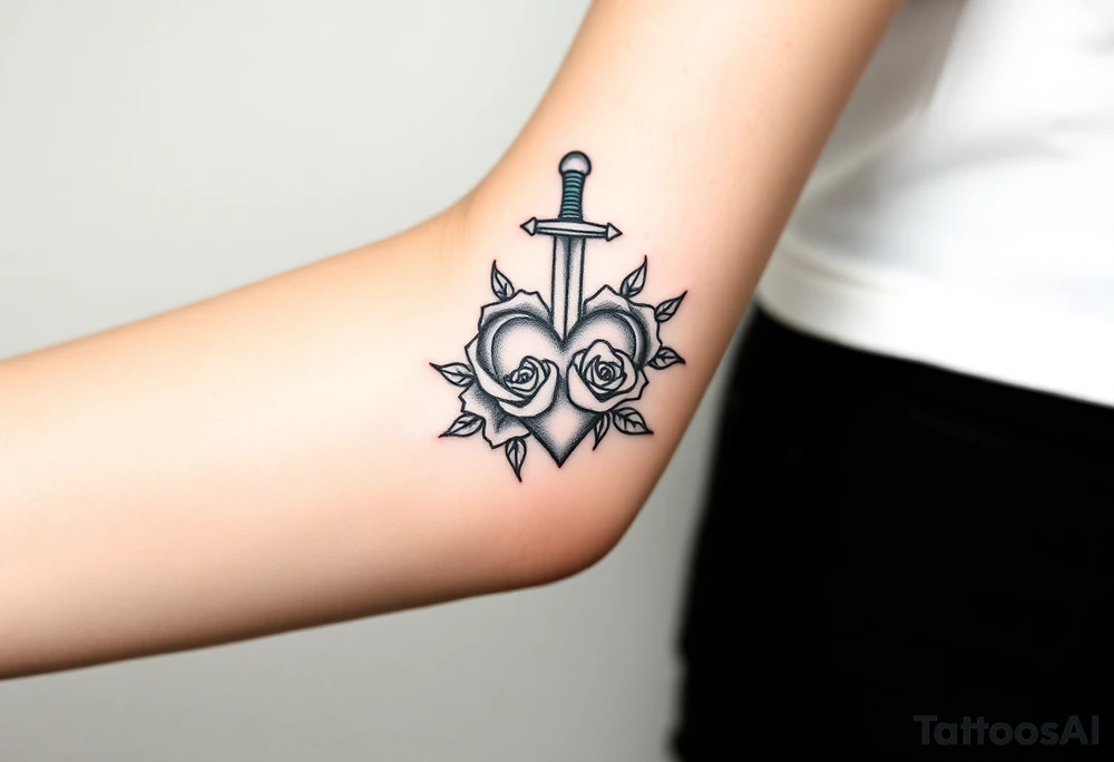 dagger piercing a heart with roses tattoo idea