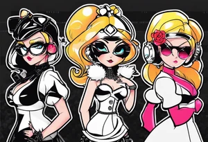 Power Puff Girls in 3 Variations one should be male and have a ascocaition zu motorcycle the 2 others should be female tattoo idea