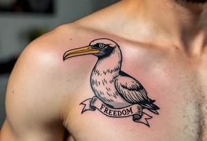 Traditional Albatross with Banner – A classic tattoo-style albatross with a bold black outline, white feathers, yellow beak, and a red ribbon banner below reading “Freedom.” tattoo idea