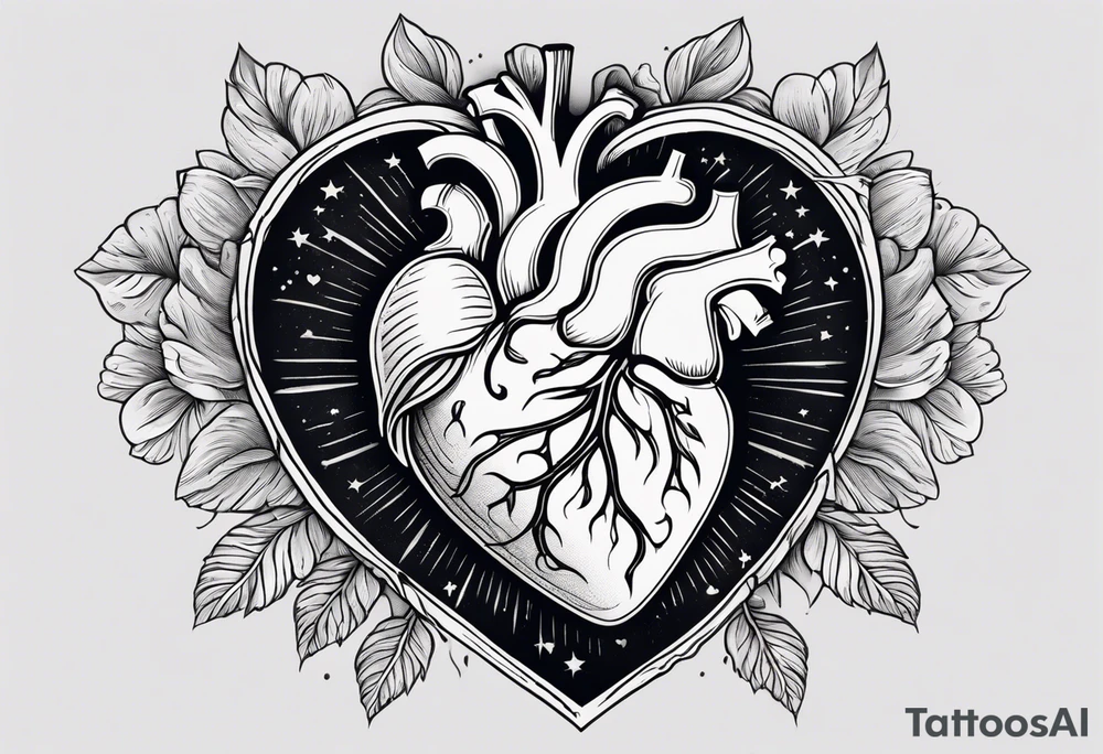 A detailed tattoo design featuring a realistic anatomical heart with a prominent scar running diagonally behind it, symbolizing resilience and healing. Inside the heart, there is an infinity symbol, representing eternal love and strength. To the left of the heart, a radiant sun shines with stylized rays, symbolizing positivity and vitality. To the right of the heart, a crescent moon balances the composition, representing calmness and introspection.

The overall design should be elegant and symbolic, with clean, modern lines, black and gray shading, and subtle textures for depth. The sun and moon should harmonize with the heart while maintaining a balanced and cohesive aesthetic. tattoo idea