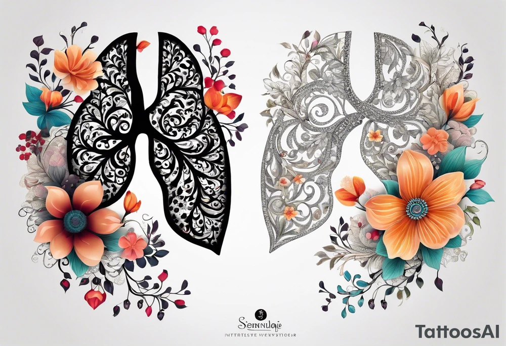 intricate and artistic arrangement of flowers and ornamental patterns that come together to form the shape of human lungs. The design should have a balance of delicacy and detail, with vibrant floral elements seamlessly intertwining to mimic the structure of the lungs, including the bronchi branching into floral motifs. Incorporate subtle shading and depth to give the tattoo a dynamic and organic feel, while maintaining elegance and symmetry tattoo idea