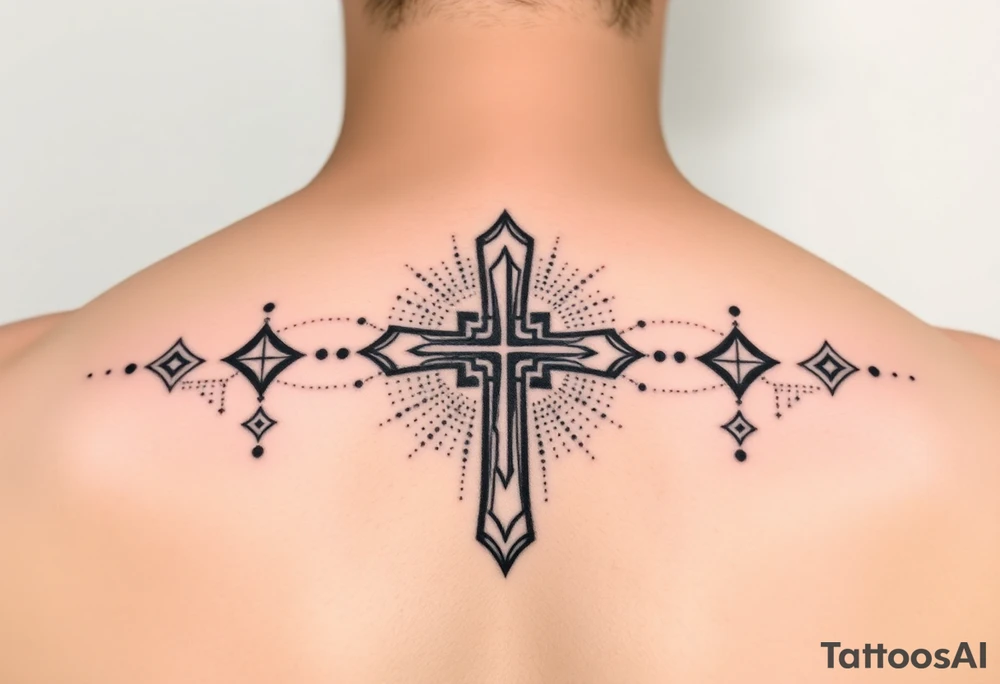 Christian cross surrounded by geometric shapes tattoo idea