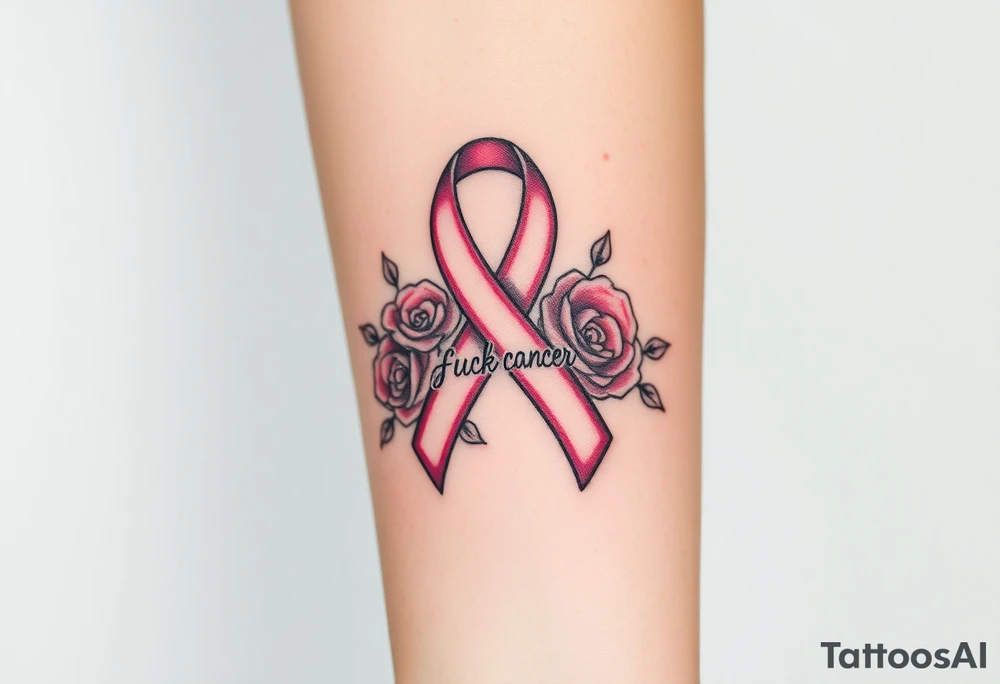 Pretty gray and pink Cancer ribbon that says "fuck cancer"with roses tattoo idea