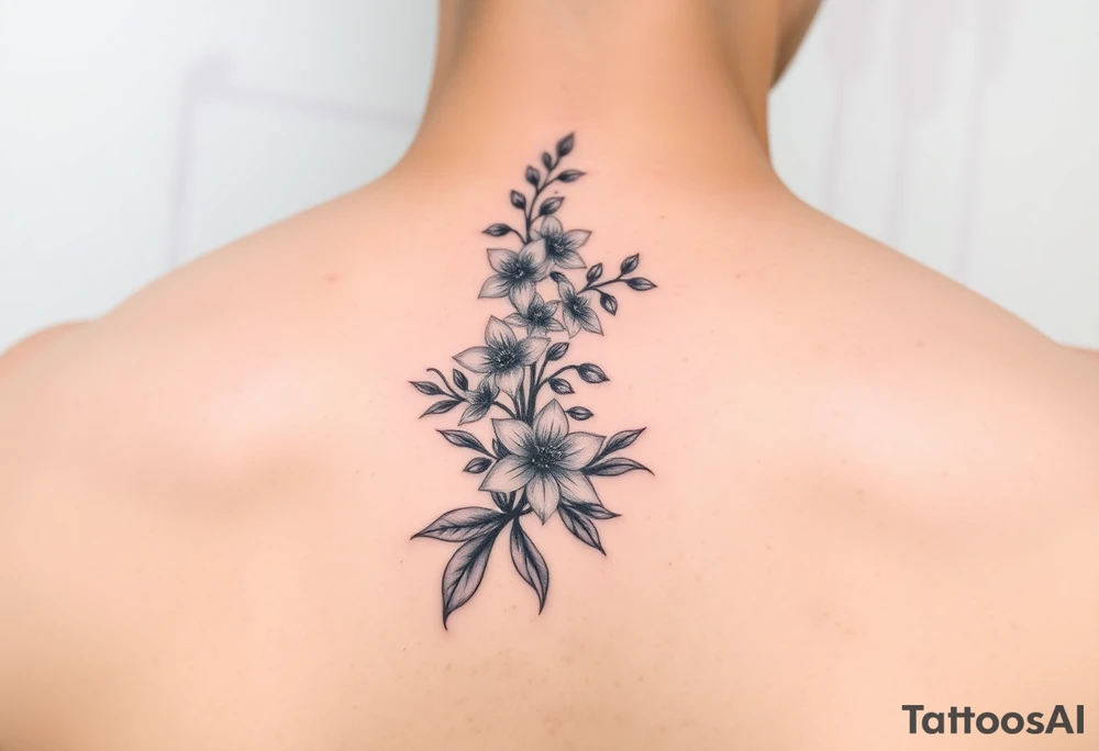 Larkspur and lily of the valley bouquet tattoo idea