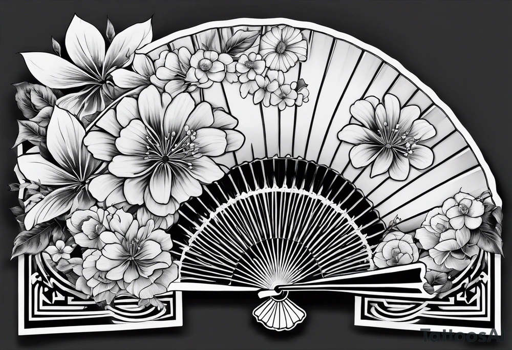 All Black Japanese fan with flowers behind it tattoo idea