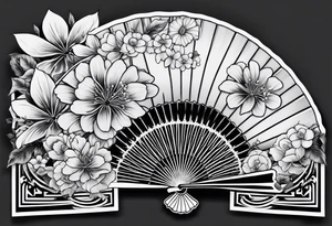 All Black Japanese fan with flowers behind it tattoo idea