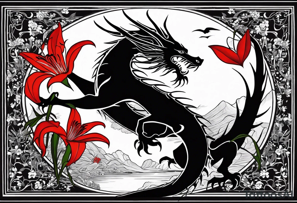 Black and white dragon as the focus. Red spider lillies as the background. Lightning. The words “ Νεχ ποσσυμ τεχυμ ωιωερε, νεχ σινε τε” tattoo idea