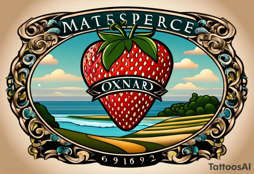 Tattoo of my hometown of Oxnard, CA
Tattoo must have strawberry fields meeting with ocean
Tattoo must have Oxnard coordinates of: 34.2236192,-119.1310264

Add in the sun on top of the fields/ocean
Add in a gondola plaza
Only in black and white tattoo idea