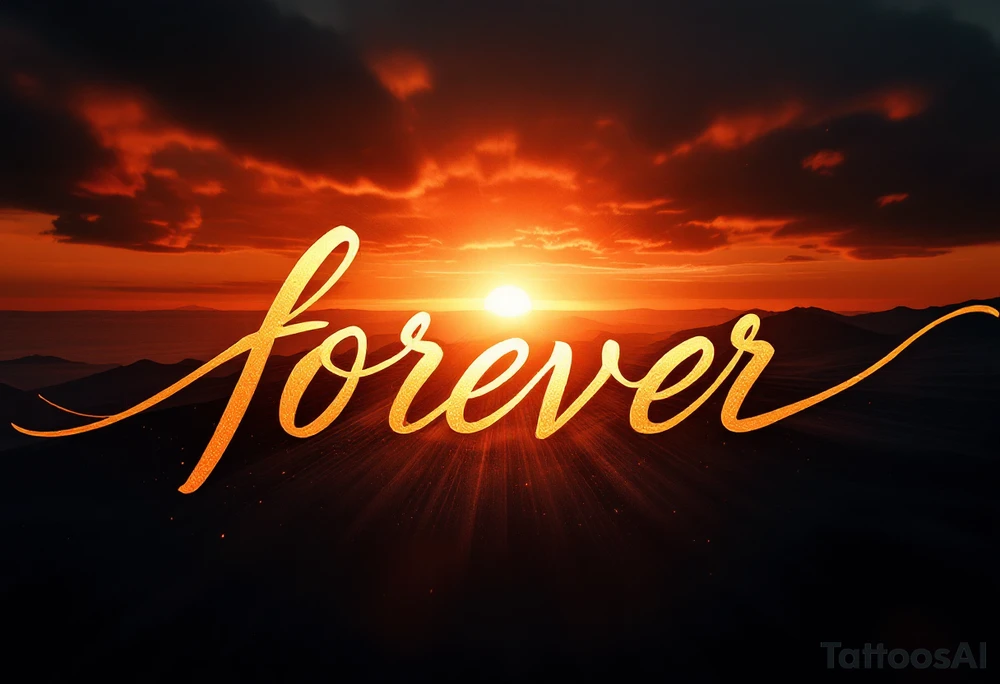 A glowing sunset behind the word "forever" in warm orange and gold gradient cursive. tattoo idea