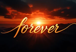 A glowing sunset behind the word "forever" in warm orange and gold gradient cursive. tattoo idea