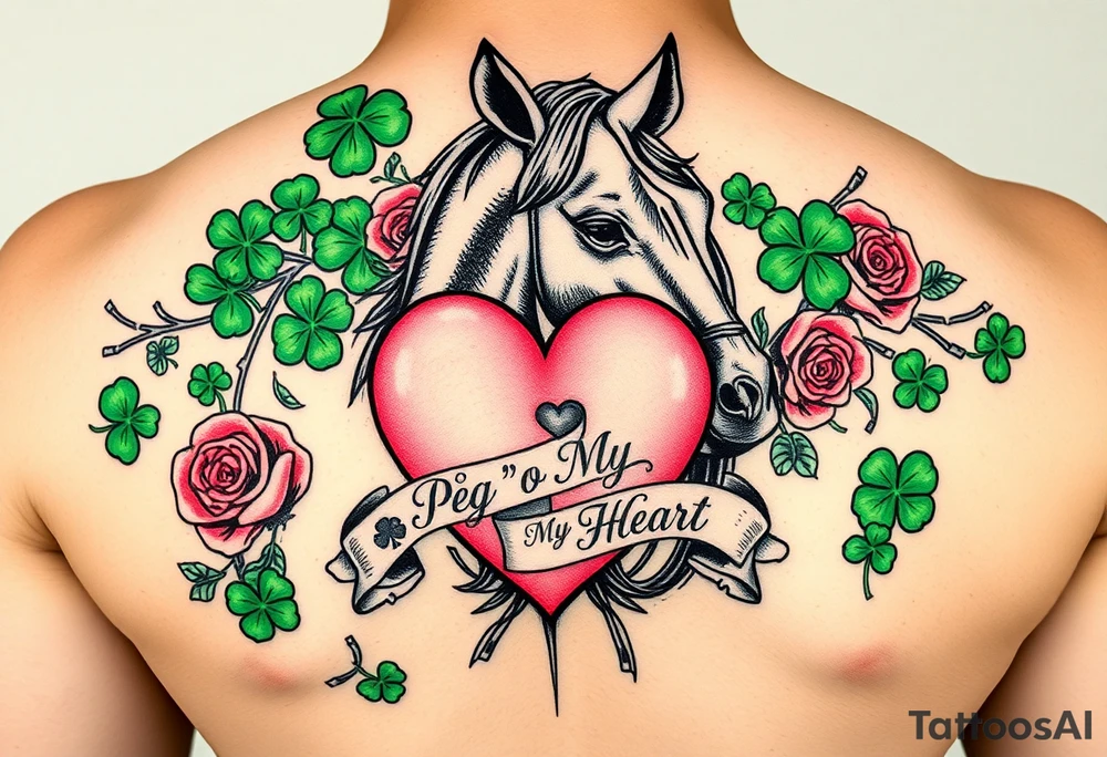 A lot of green shamrocks & red roses, a horse with a big Pink heart and a banner across the heart that says Peg 'o My Heart tattoo idea
