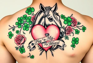 A lot of green shamrocks & red roses, a horse with a big Pink heart and a banner across the heart that says Peg 'o My Heart tattoo idea