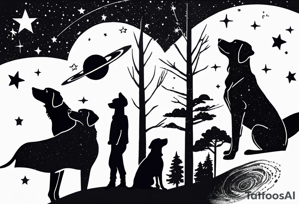 Me and my 3 dogs as silhouettes looking up at a night sky with galaxies comets and other space elements. Must fit on an upper arm. tattoo idea