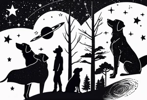 Me and my 3 dogs as silhouettes looking up at a night sky with galaxies comets and other space elements. Must fit on an upper arm. tattoo idea
