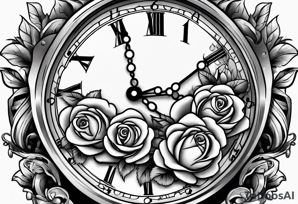 Pocket clock with chain and roses tattoo idea