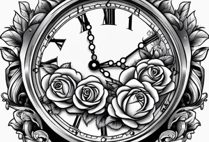 Pocket clock with chain and roses tattoo idea