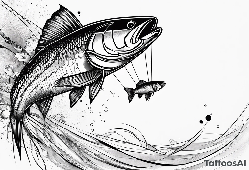 Trash polka blue and black fly fishing theme rib peice tattoo idea