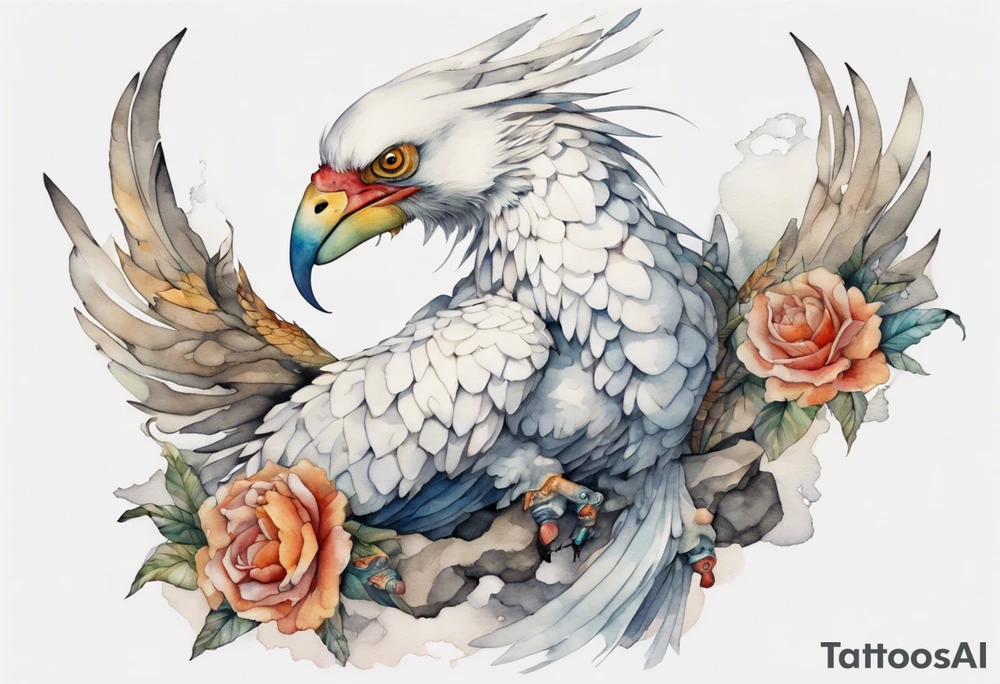 a white Cockatrice wearing a plain iron bracelet around leg, perched on a stone tattoo idea