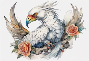 a white Cockatrice wearing a plain iron bracelet around leg, perched on a stone tattoo idea