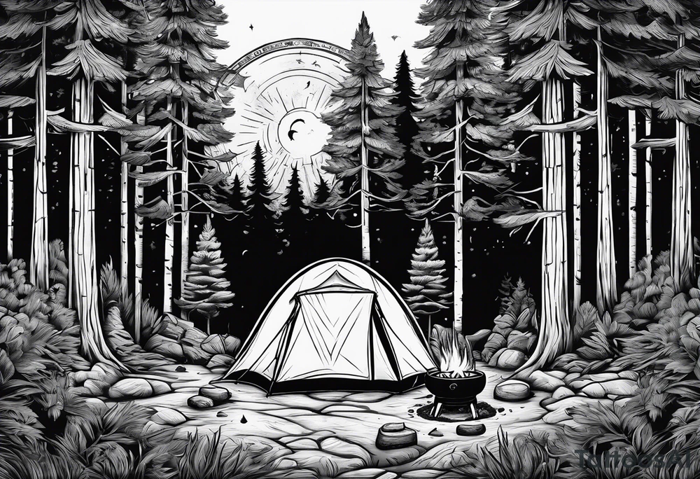 Campground with a small tent and small fire pit with smoke going into the sky. Forest of trees surrounding it with 3 large pine trees being the focus in the background. tattoo idea