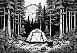 Campground with a small tent and small fire pit with smoke going into the sky. Forest of trees surrounding it with 3 large pine trees being the focus in the background. tattoo idea
