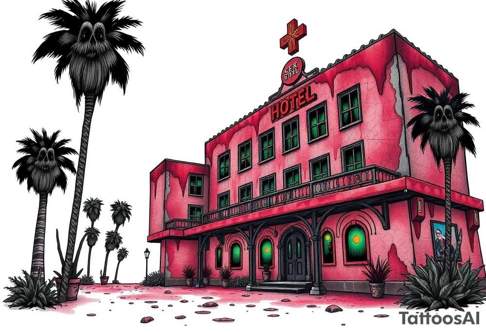 Tim Burton’s vegas sex hotel from outside viewis abandoned and dripping with muted reds, dusty pinks, and eerie green glow. tattoo idea tattoo idea