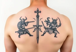 For a full back tattoo create the following battle seen- Viking vs Angus Kahn vs English knight vs Roman gladiator vs Japanese samurai. Note cation fighting and weapons against each other tattoo idea