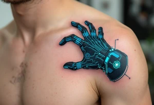 A futuristic robotic glove illusion in matte black and cobalt blue, with neon green circuit tracings. tattoo idea