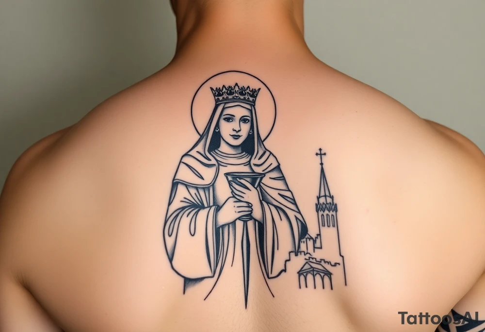 Saint Barbara+ holding chalice+ tower in background+artillery tattoo idea