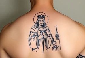 Saint Barbara+ holding chalice+ tower in background+artillery tattoo idea