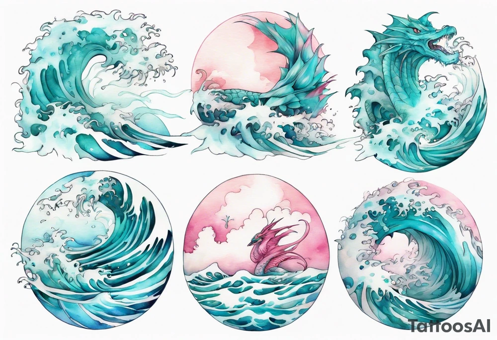 a beautiful turquoise pink and white sea  Drakaina rising from the waves of the ocean tattoo idea
