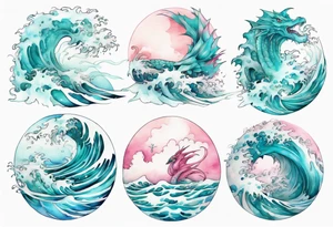 a beautiful turquoise pink and white sea  Drakaina rising from the waves of the ocean tattoo idea