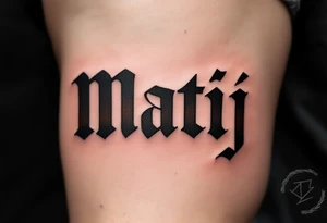 Matěj in bold block letters, with a subtle sunrise gradient fading from orange to yellow. tattoo idea