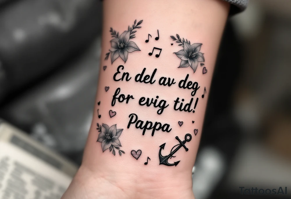 make a quote that says "En del av deg for evig tid! Pappa 20.12.24" Surrounded by gladiolus, music notes, hearts and an anchor tattoo idea