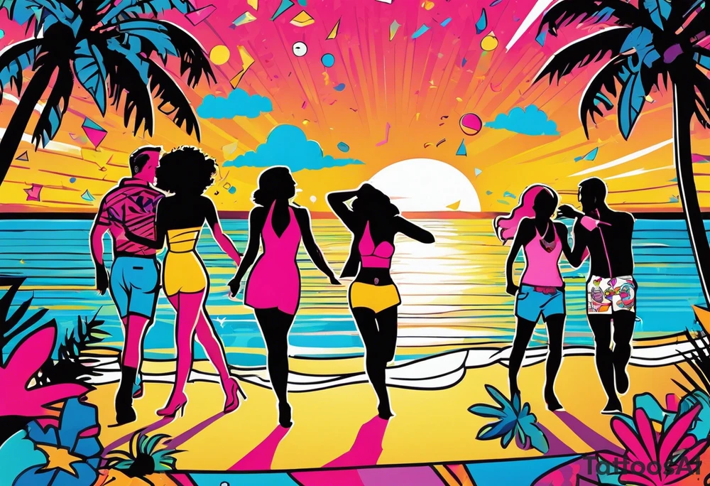 1980's miami vice style beach dance 
party, include confetti, music notes, boom box, SILHOUETTE bikinis sunset in the center tattoo idea