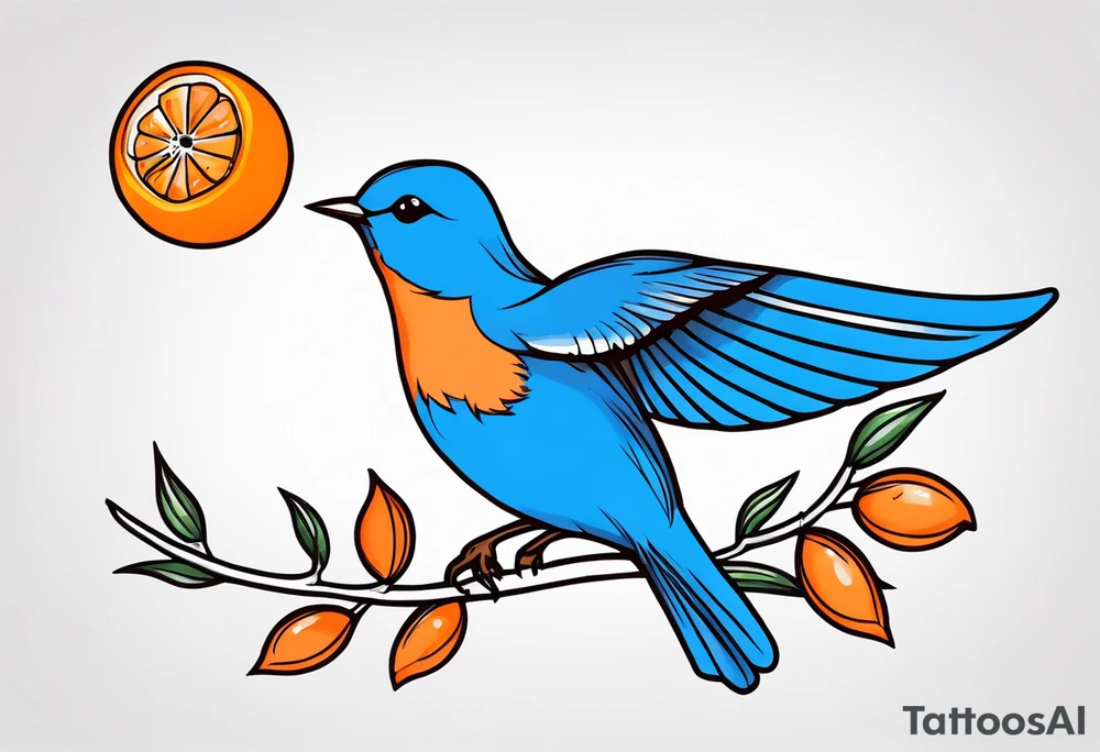 flying bluebird holding orange blossom branch tattoo idea