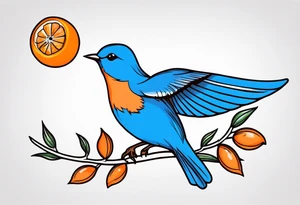 flying bluebird holding orange blossom branch tattoo idea