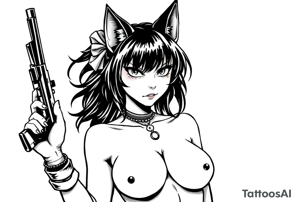 naked catgirl, slut, angry, anime, holding gun, black tattoo idea