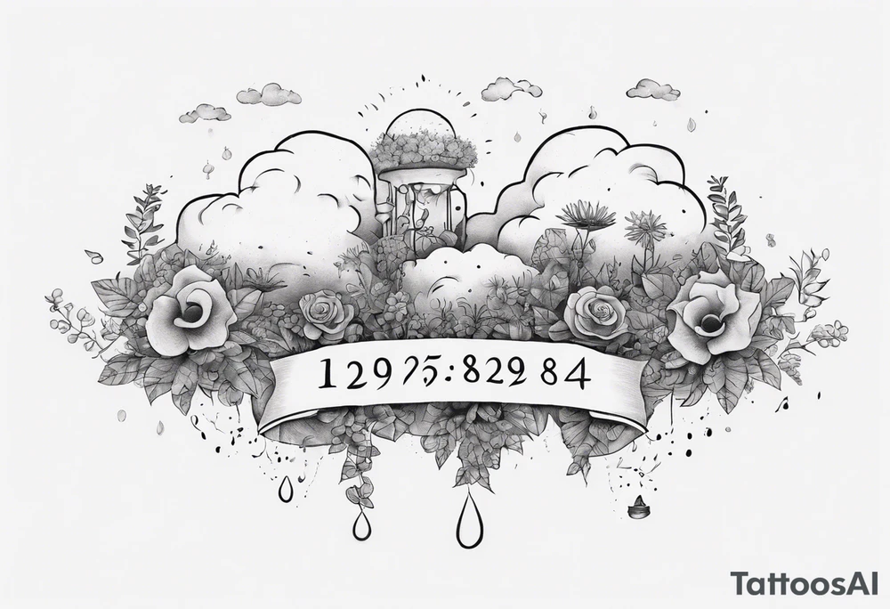 forearm tattoo of a cloud with little plants and the date 12.08.05 tattoo idea