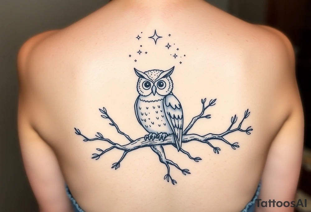 wise owl perched on ancient oak branch under starlit sky tattoo idea