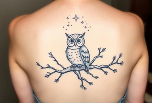 wise owl perched on ancient oak branch under starlit sky tattoo idea