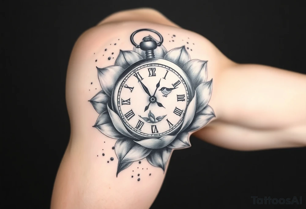 A broken clock floating inside a blooming lotus flower, with a small bird flying out from the clock face tattoo idea
