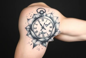 A broken clock floating inside a blooming lotus flower, with a small bird flying out from the clock face tattoo idea