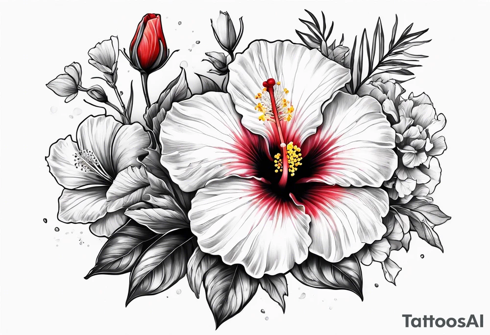 Hibiscus with wildflowers, poppy, complimentary flowers tattoo idea